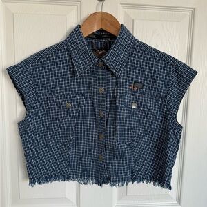 Women’s Harley Davidson Cropped Cut Off Cap Sleeve Snap Down Plaid Shirt Size M